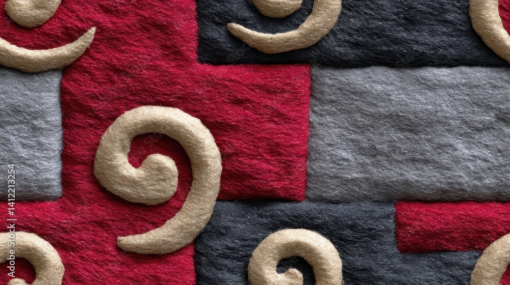 Poster intriguing red and grey circular pattern on a textured wall, modern architectural design
