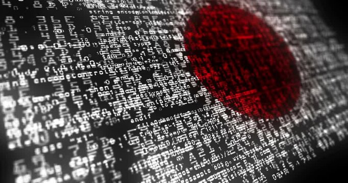 Japan USA flag waving secure code. Japanese blowing banner cyber security attack and hack concept animation.