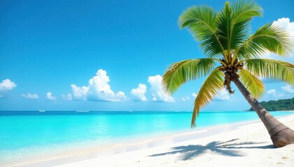 Lone palm, vibrant blue ocean, white sand Sunny day , desert island, blue