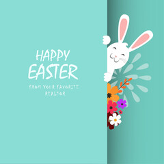 Happy Easter Greeting with Peeking Bunny and Flowers
