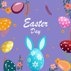 Colorful Easter Day Eggs with Bunny and Flowers