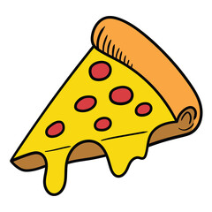 Hand drawn cartoon slice of pepperoni pizza with melted cheese on white background.