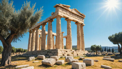 Ancient temple ruins with columns under a clear blue sky on a sunny day with trees around it