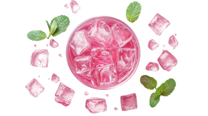 Glass of pink lemonade with ice cubes and mint leaves, top-down angle, hyper-detailed, isolated on white