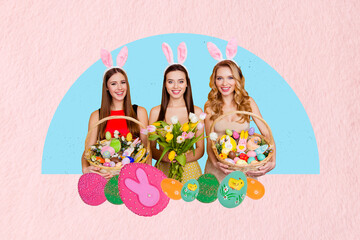 Creative artwork image 3D collage of three young lady friends hold bag egss tulip bouquet celebrate...