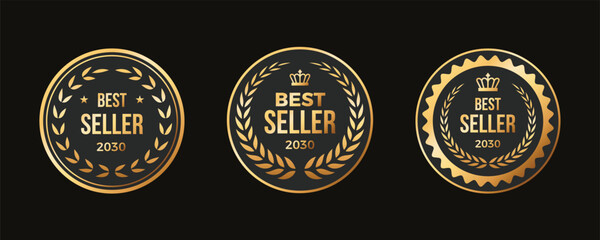 Golden round best seller badges, stickers, labels collection in black background. Elegant logos premium with crown and wreath
