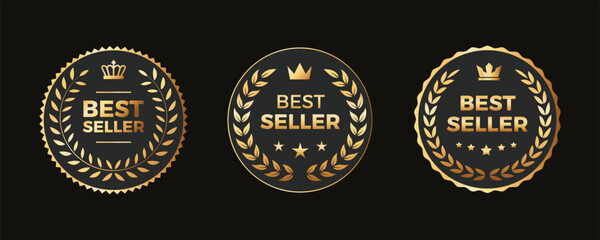 Obraz premium Golden round best seller badges, stickers, labels collection in black background. Elegant logos premium with crown and wreath