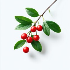 Red berries with leaves on branch on white background