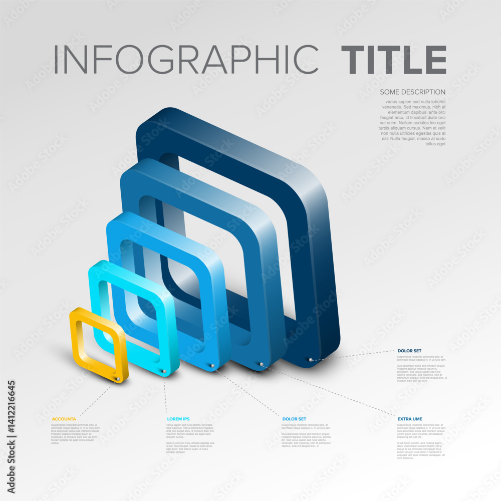 Poster a modern infographic featuring 3d gradient squares in varying sizes and colors. the design highlight