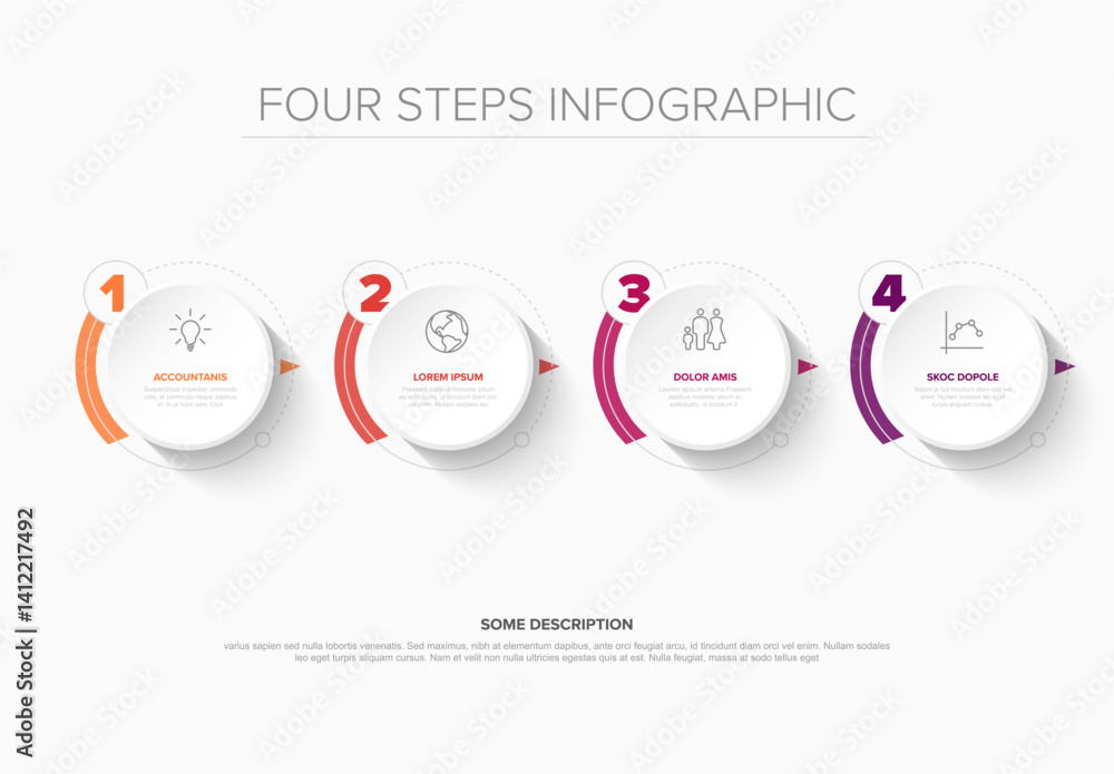 Poster minimal four-step infographic with rounded elements and icons on a white background. each step is co