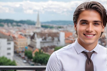 Portrait of a young man wearing a white shirt and a tie, smiling against a blurred city view background with copy space