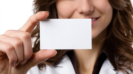 A smiling woman in a lab coat holds a blank white card, suggesting possibilities for customization or branding.