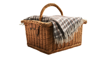 Vintage wicker picnic basket with blanket partially visible, isolated on white background, cinematic lighting, hyper-realistic style