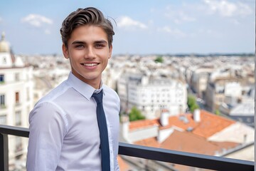 Portrait of a young man wearing a white shirt and a tie, smiling against a blurred city view background with copy space