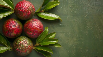 Unique red avocados with leaves, arranged beautifully on a green wooden backdrop