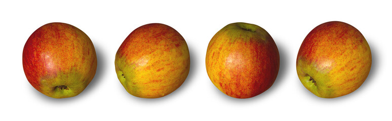 Freigestellte, dreifarbige Äpfel in verschiedenen Positionen.