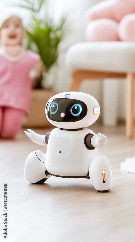 Poster interactive robot moves enthusiastically while child smiles joyfully. bright indoor atmosphere with 