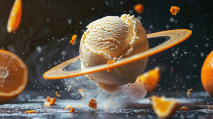 Orange ice cream planet rotating with orange slices and zest
