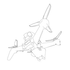 A drawing of a small Drone with a propeller. The Drone is upside down and has a black and white color scheme