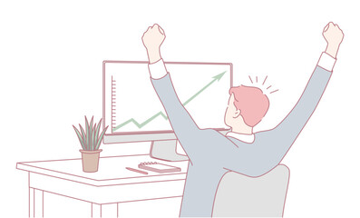 A person stands cheering enthusiastically in front of a rising graph, representing success and achievement at work