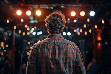 Fototapeta premium Silhouette of a talented stand up comic performing on stage under dramatic lights in front of a captivated audience – generative AI