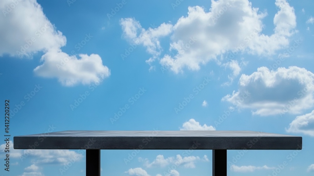 Poster a minimalist table sits against a bright blue sky filled with soft clouds. this serene scene offers 