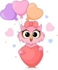 Cute Pink Owl with Heart and Balloons. Valentine’s Day Vector Illustration for Kids