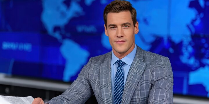 A well-dressed news anchor presents information in a studio setting, featuring a world map backdrop, exuding professionalism and confidence.