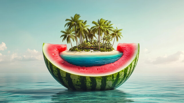Watermelon island with palm trees and a tranquil sea at sunset creates a unique tropical paradise