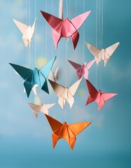 Colorful origami butterflies hanging against blue sky background