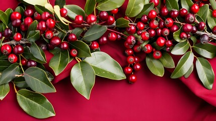Vibrant Red Berries and Lush Green Leaves on a Rich Crimson Background