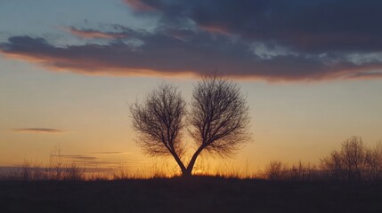 Obraz premium Heart-shaped tree silhouette in warm sunset hues, a dreamy symbol of love and romance 