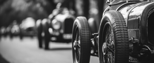 Vintage Race Cars in Motion on a Scenic Roadway Highlighting Classic Automotive Design and Nostalgic Charm