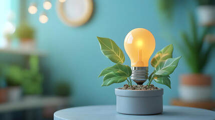 Glowing Lightbulb Plant Growing in a Pot on Table Against Turquoise Wall with Green Leaves Symbolizing Idea and Innovation for Environmental Sustainability