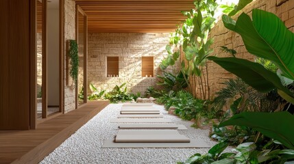 Interior zen space with stone paths, plants and open ceiling for meditation, spa, or relaxation