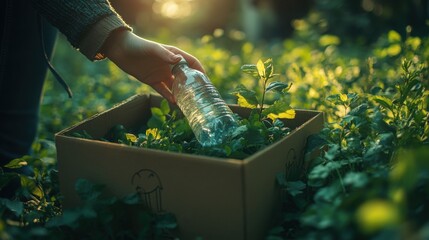 A woman's hand places a plastic bottle in a cardboard box for recycling, with a green forest and grass background, representing the concept of World Environment Day. 