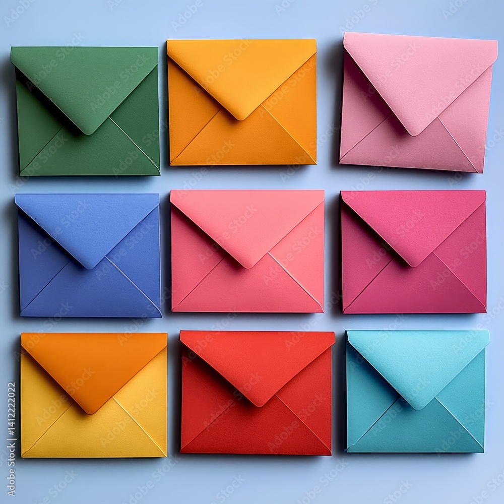 Poster colored envelopes arranged side by side in a square shape
