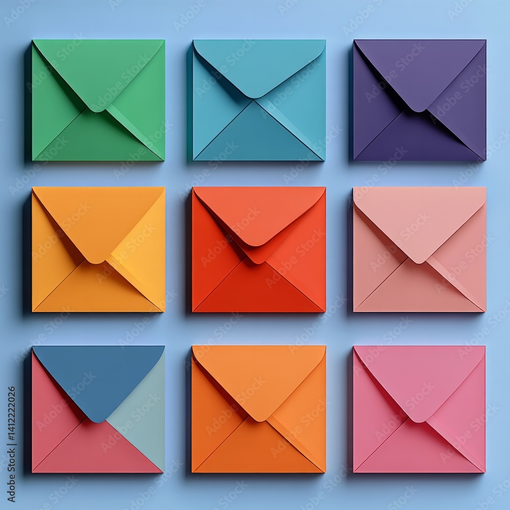 Poster colored envelopes arranged side by side in a square shape