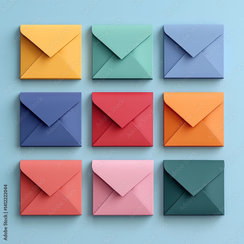 Poster colored envelopes arranged side by side in a square shape