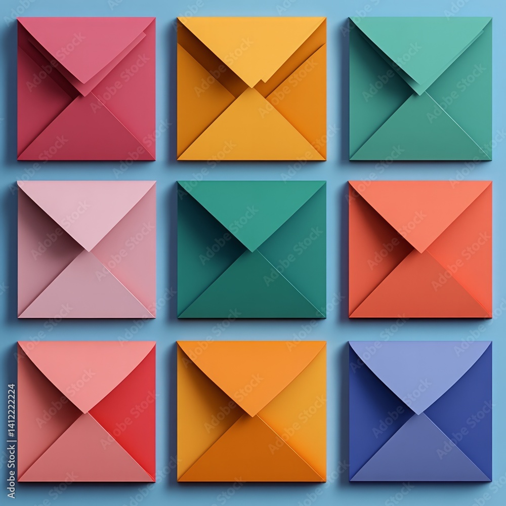 Poster colored envelopes arranged side by side in a square shape