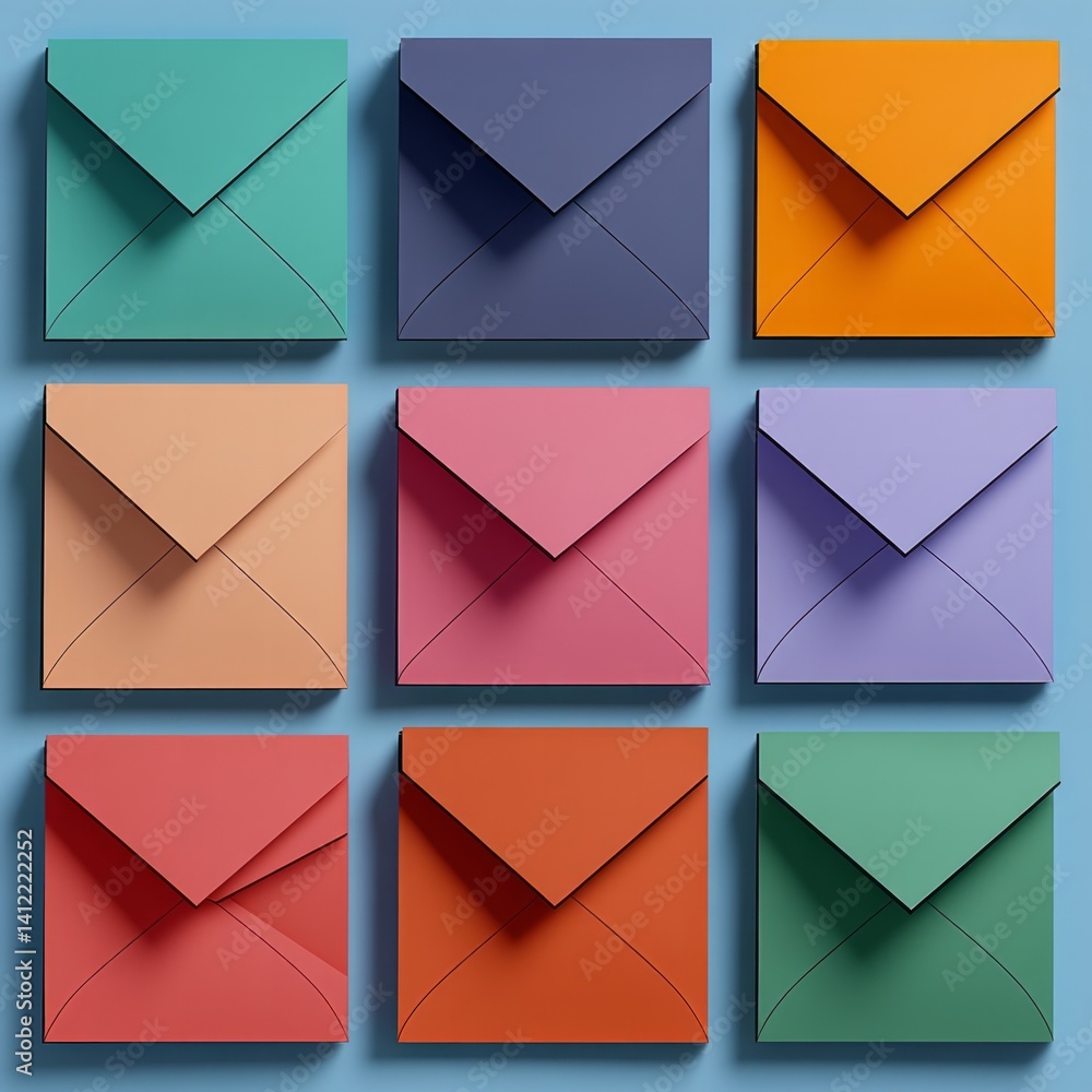 Poster colored envelopes arranged side by side in a square shape