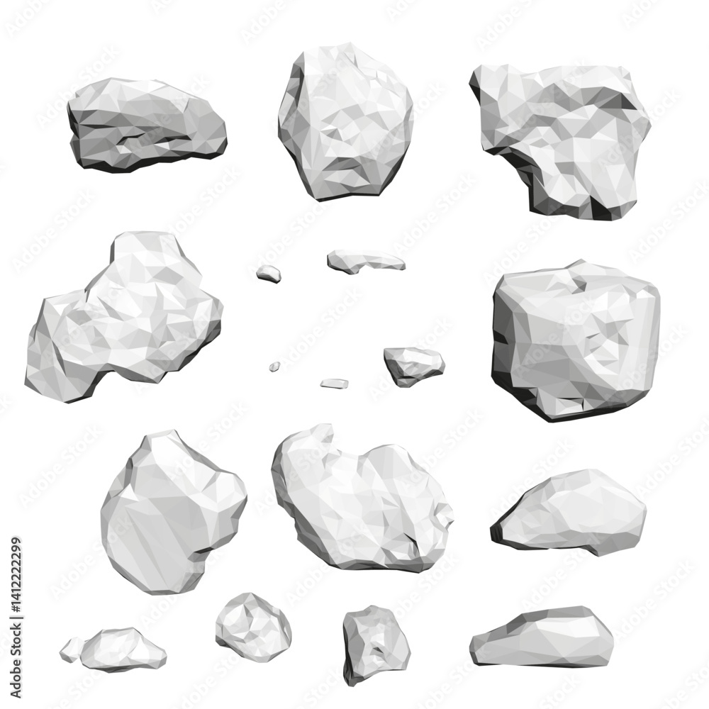 Poster a collection of white rocks in various sizes and shapes. the rocks are scattered across the image, w