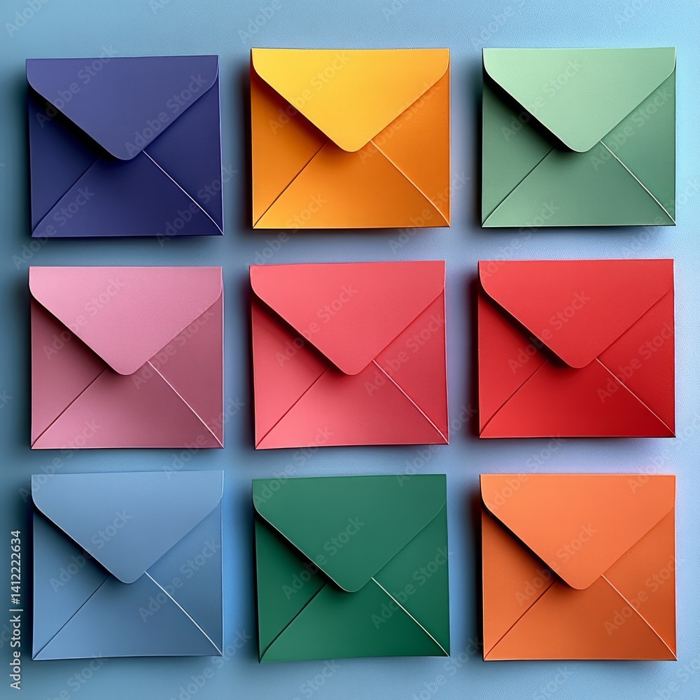 Poster colored envelopes arranged side by side in a square shape