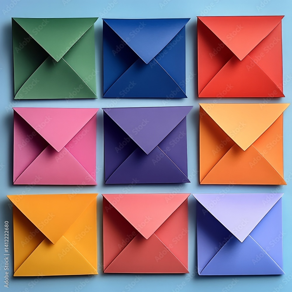 Poster colored envelopes arranged side by side in a square shape