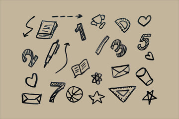 Cartoon-style school elements and icons drawn by hand. Black color line art vector. Isolated on a white background.