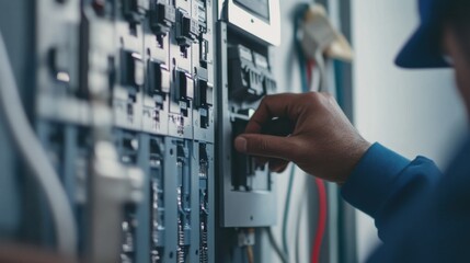 Electrician testing a circuit breaker panel in a house. Featuring electrical maintenance and safety checks