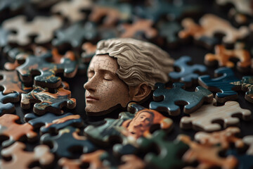 A serene sculpted head emerges amidst scattered puzzle pieces, symbolizing the quest for clarity in complexity.
