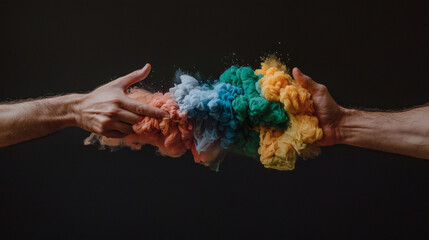 Two hands reach for each other, creating a vibrant splash of colorful smoke, symbolizing connection and creativity against a dark background.