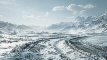 A stunning snow-covered track winds through a serene mountainous region, showcasing a peaceful winter landscape. The pristine scene invites exploration and adventure in nature's beauty.