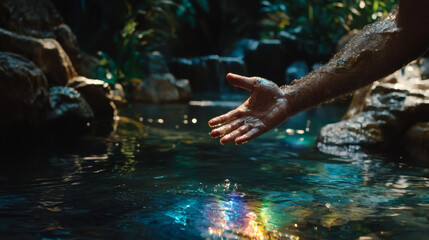 A serene hand reaches into a tranquil pool, reflecting vibrant colors amidst lush greenery, evoking a sense of peace and connection with nature.